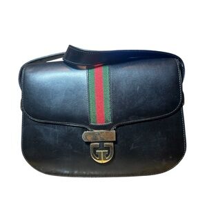 Gucci Vintage Black Leather Sherry Line Web Shoulder Bag Auth